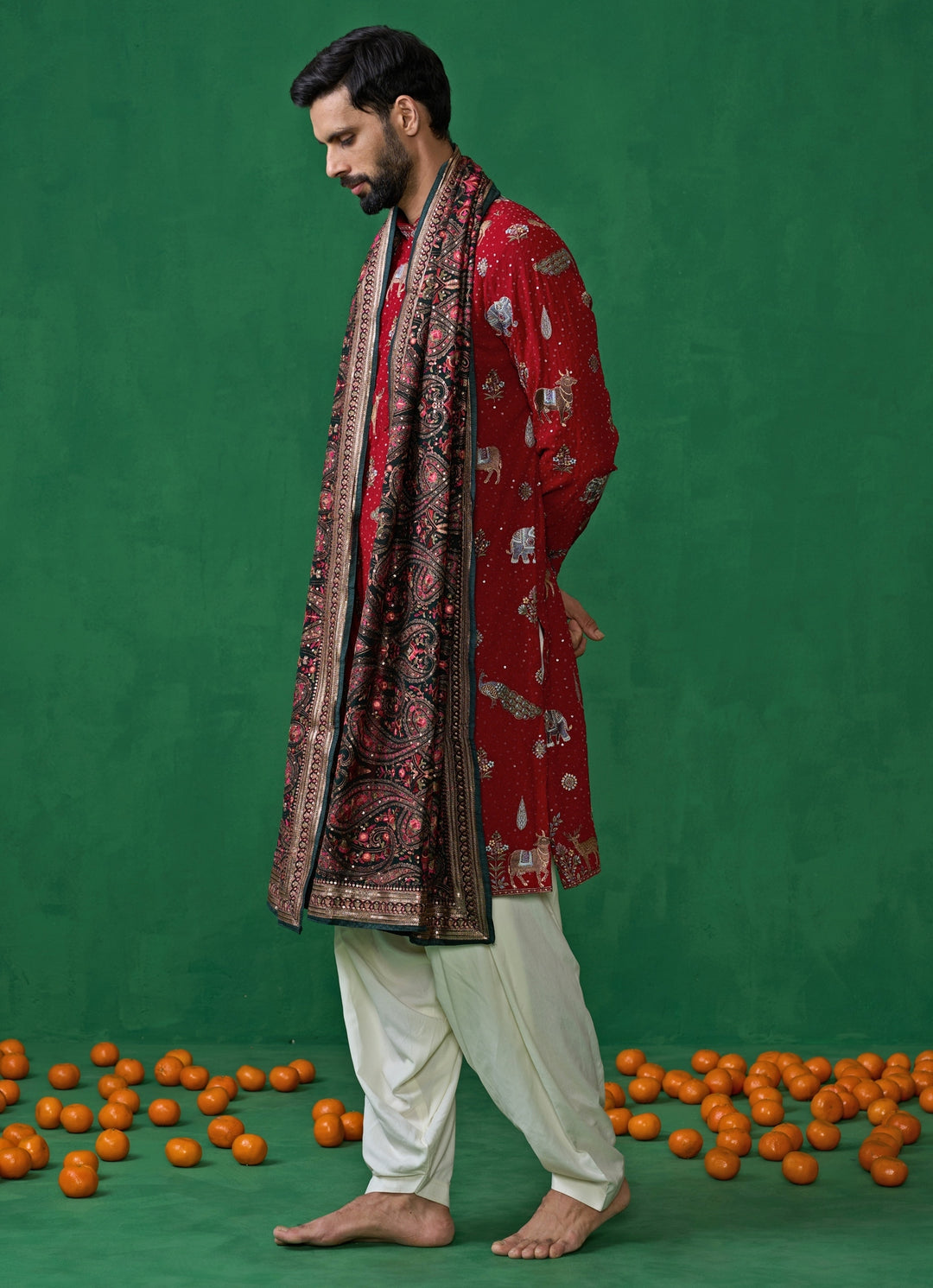 Red Embroidered Georgette Dhoti Kurta Set