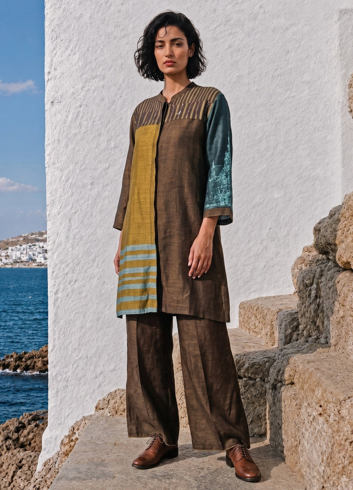 Greenish Gold And Brown Linen Silk Co-Ord Set