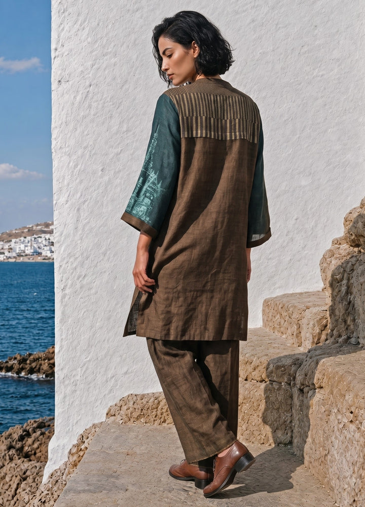 Greenish Gold And Brown Linen Silk Co-Ord Set