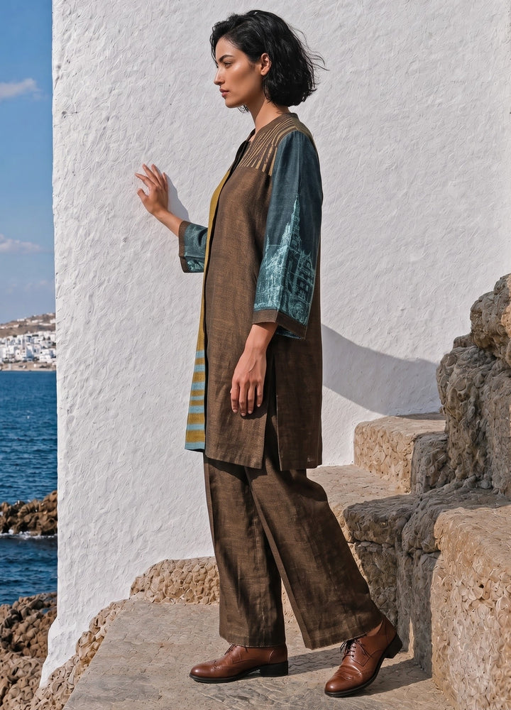 Greenish Gold And Brown Linen Silk Co-Ord Set