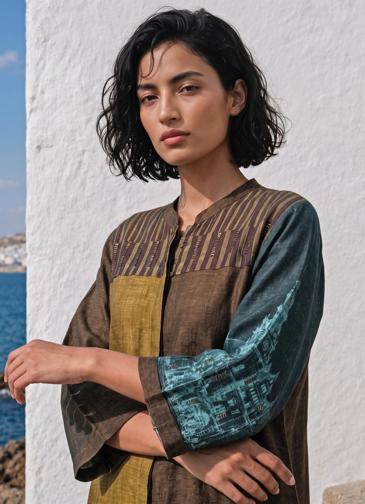 Greenish Gold And Brown Linen Silk Co-Ord Set
