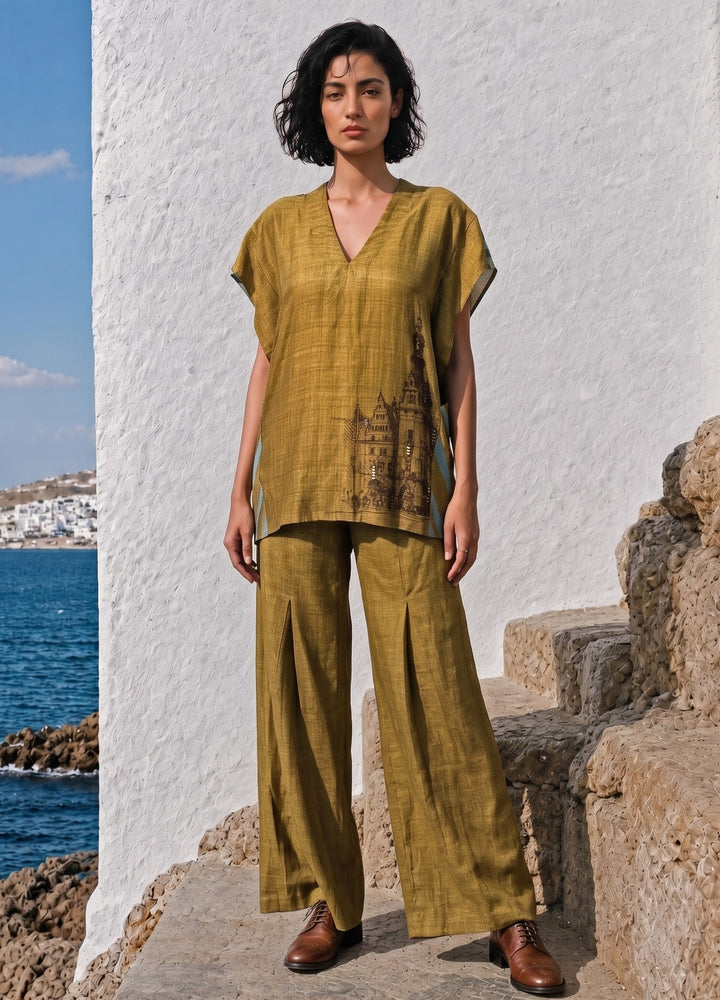 Greenish Gold Linen Silk Pants Set