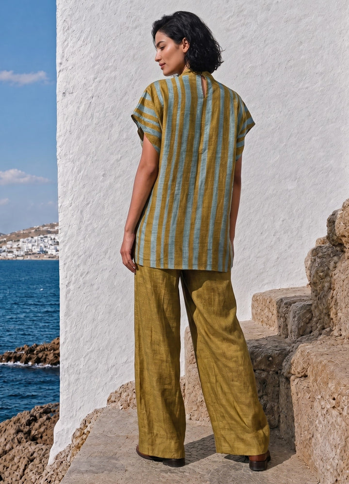 Greenish Gold Linen Silk Pants Set