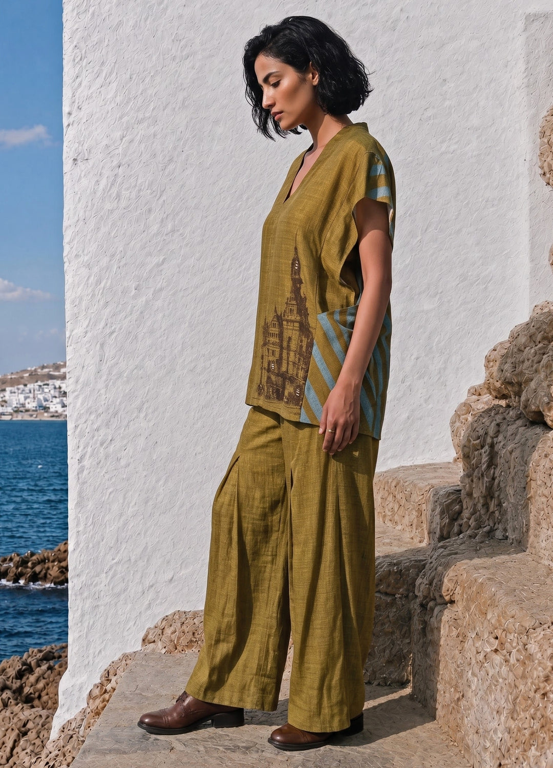 Greenish Gold Linen Silk Pants Set