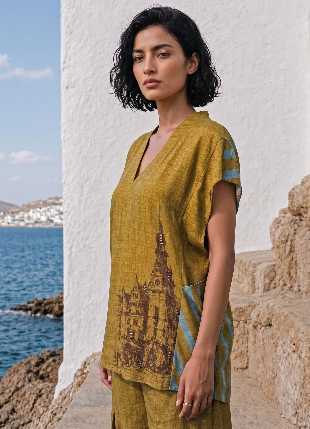 Greenish Gold Linen Silk Pants Set