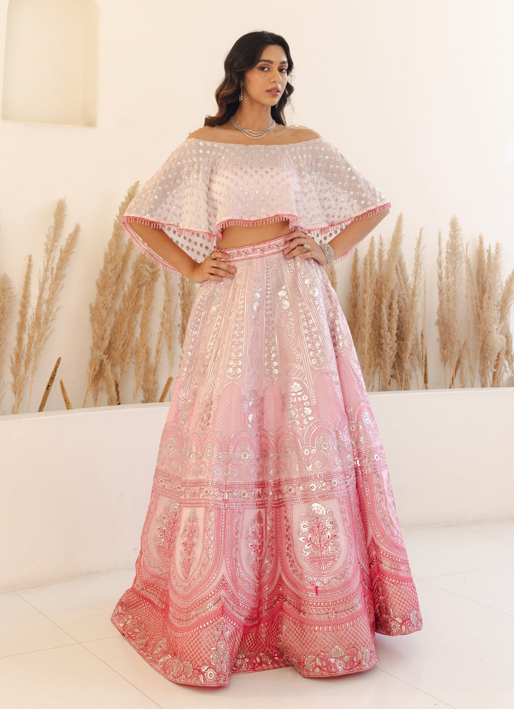 Pastel Pink Off Shoulder Crop Top Lehenga Set