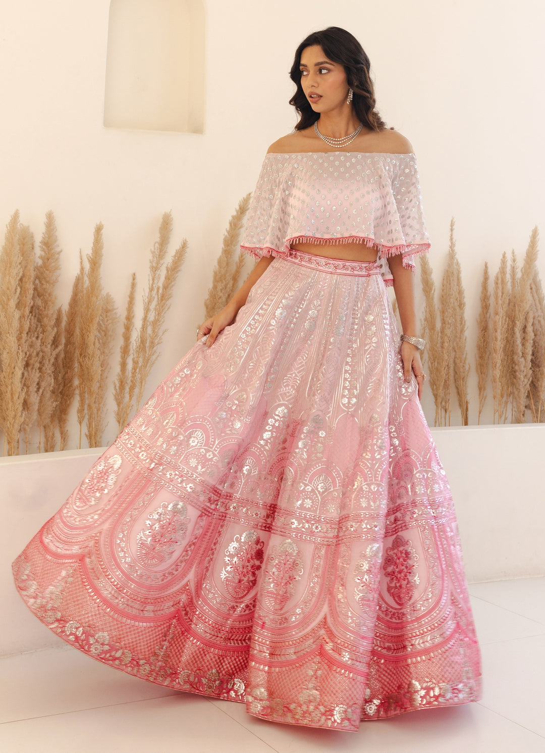 Pastel Pink Off Shoulder Crop Top Lehenga Set