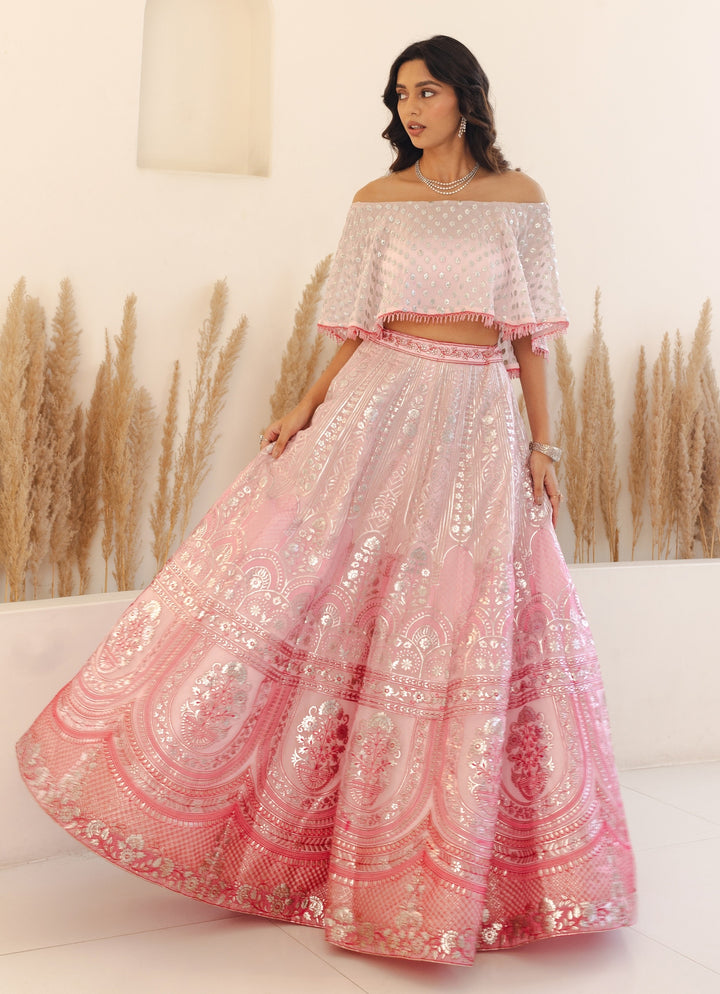Pastel Pink Off Shoulder Crop Top Lehenga Set