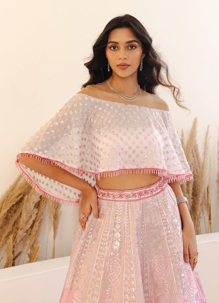 Pastel Pink Off Shoulder Crop Top Lehenga Set