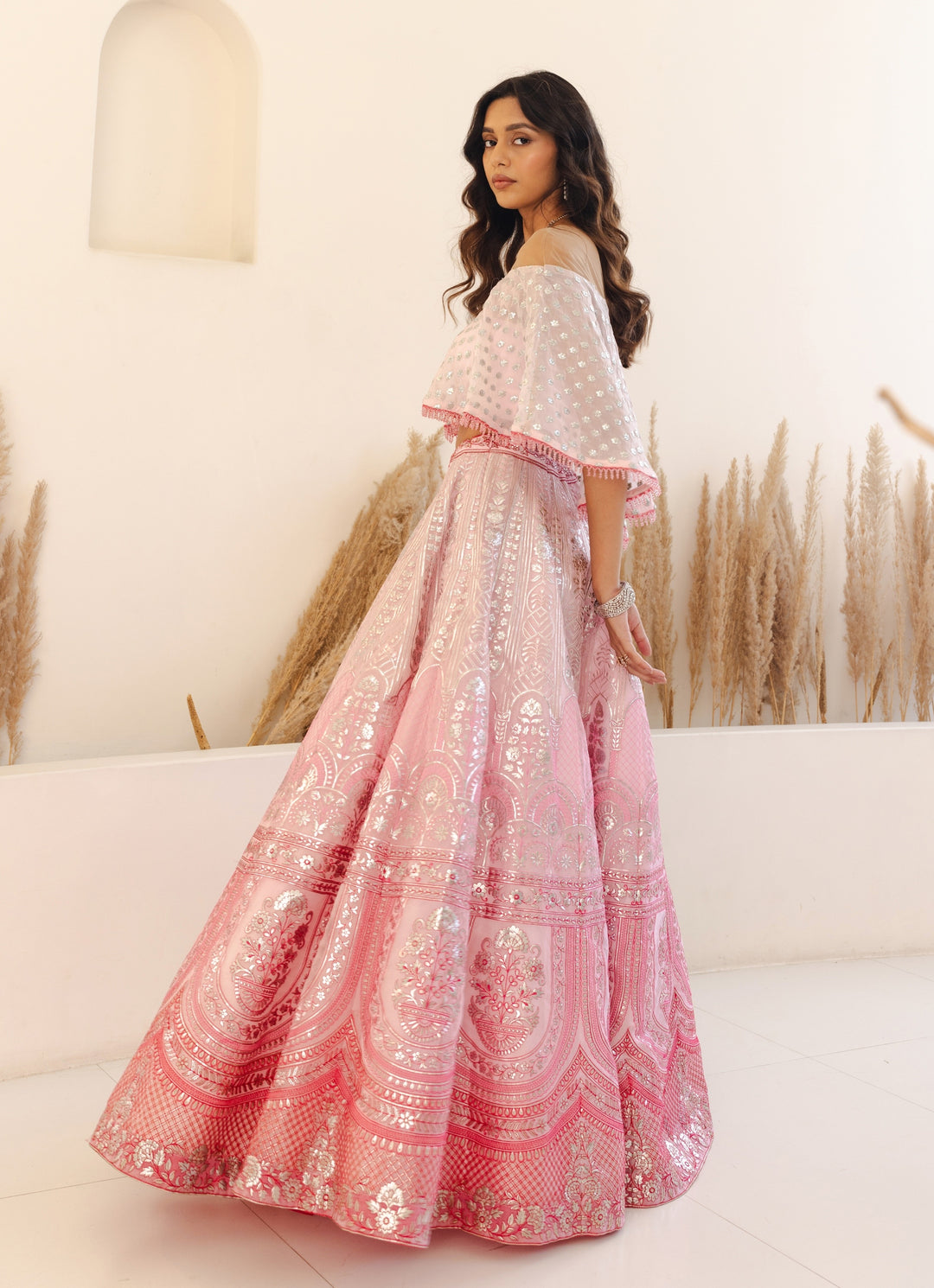 Pastel Pink Off Shoulder Crop Top Lehenga Set