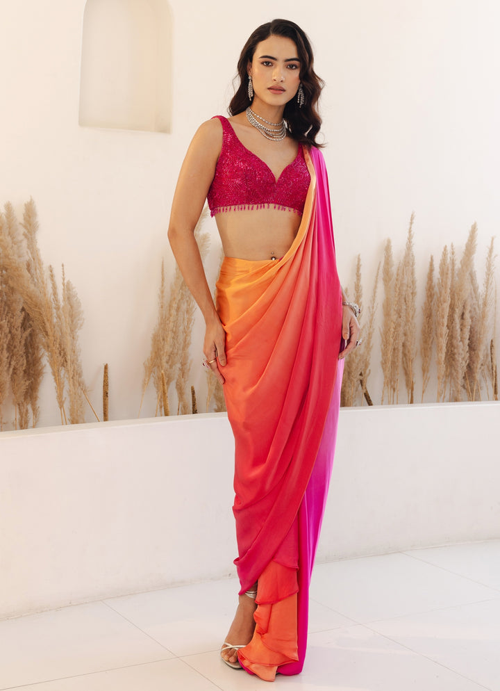Hot Pink And Orange Ombre Predraped Saree