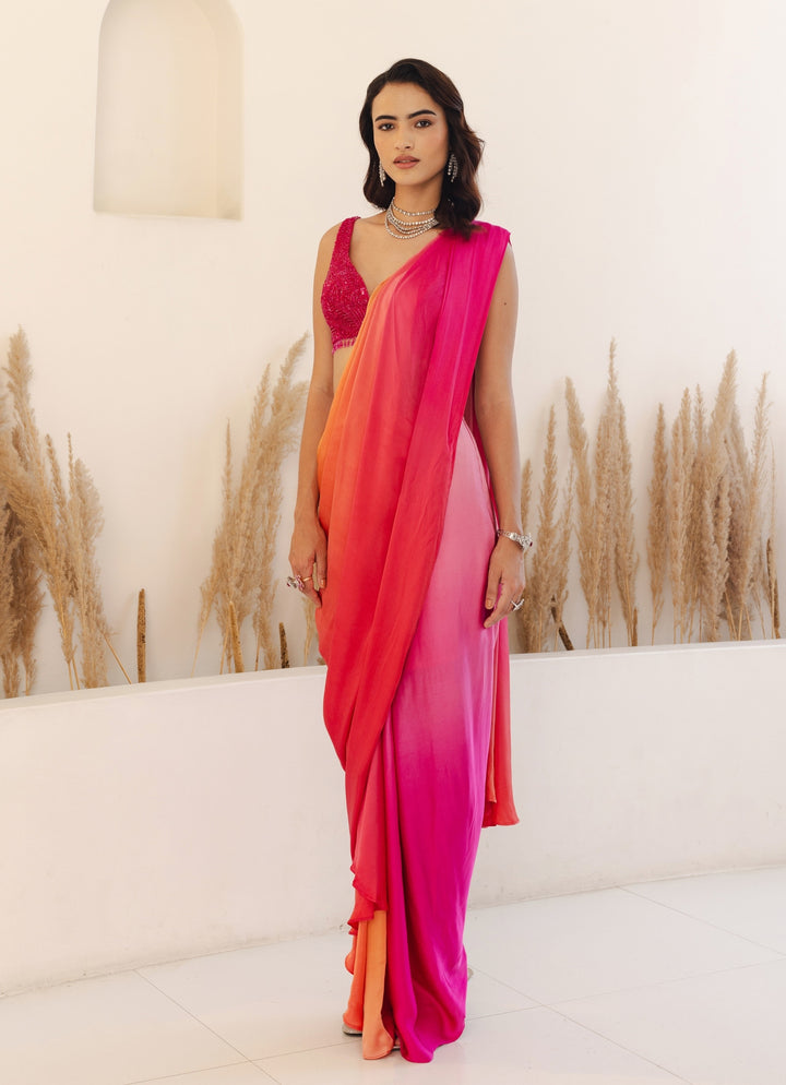 Hot Pink And Orange Ombre Predraped Saree