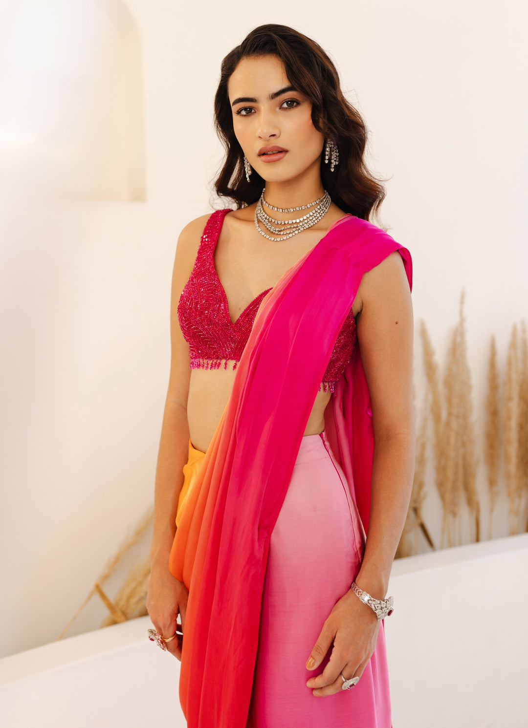 Hot Pink And Orange Ombre Predraped Saree