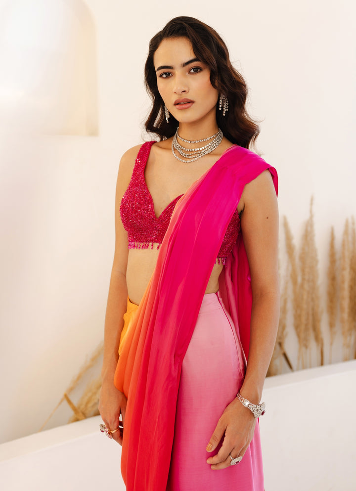 Hot Pink And Orange Ombre Predraped Saree