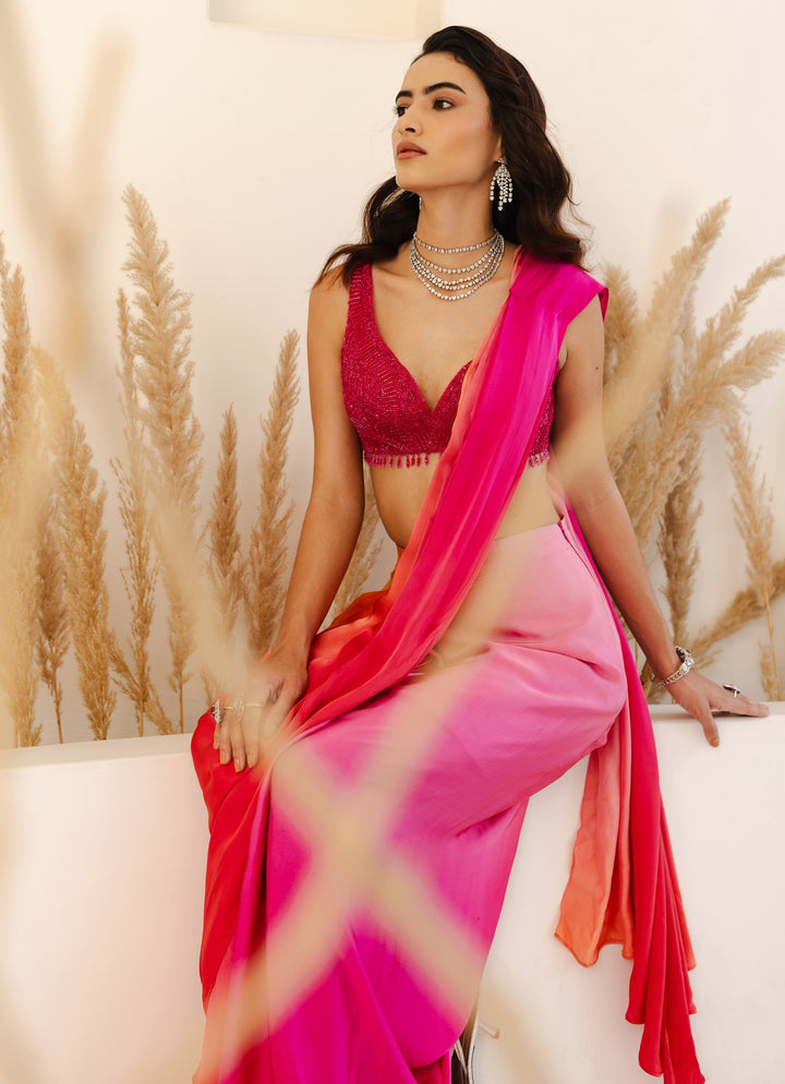 Hot Pink And Orange Ombre Predraped Saree