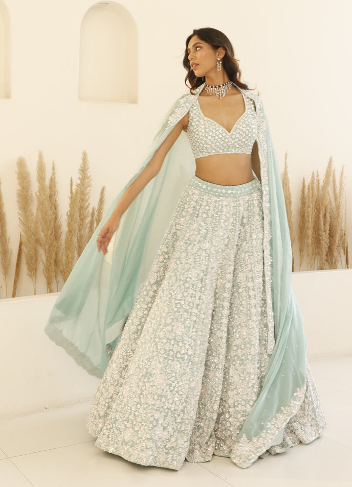Aqua Blue And Ivory Sequinned Lehenga Set