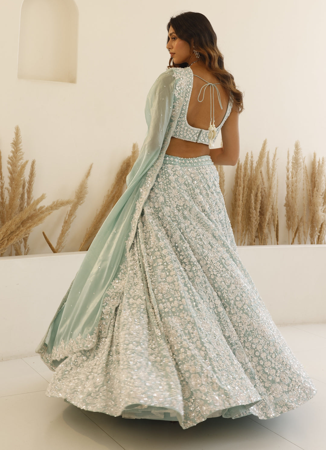 Aqua Blue And Ivory Sequinned Lehenga Set