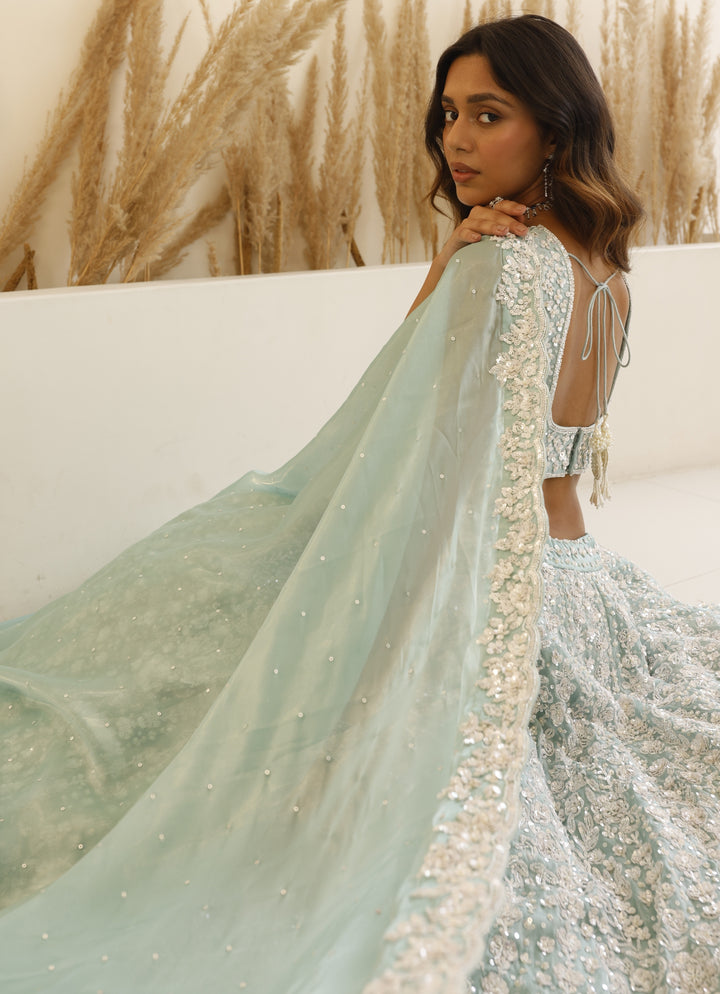 Aqua Blue And Ivory Sequinned Lehenga Set