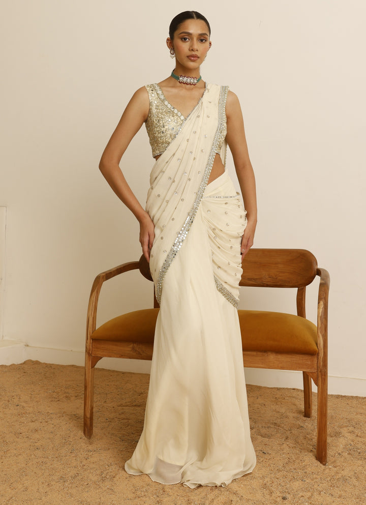 Ivory Mirror Georgette Predraped Saree Set