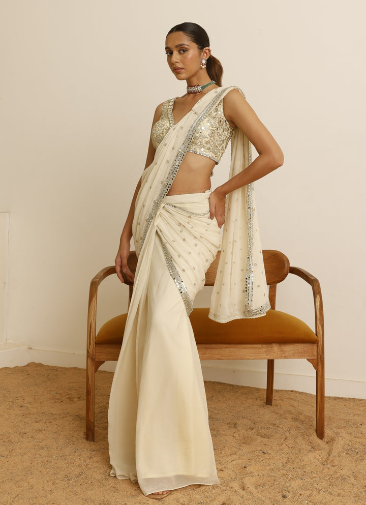 Ivory Mirror Georgette Predraped Saree Set