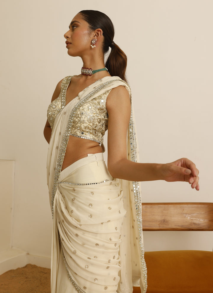 Ivory Mirror Georgette Predraped Saree Set