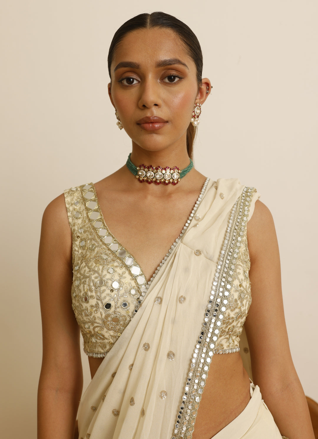 Ivory Mirror Georgette Predraped Saree Set