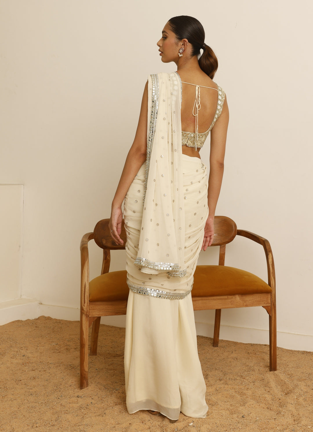Ivory Mirror Georgette Predraped Saree Set