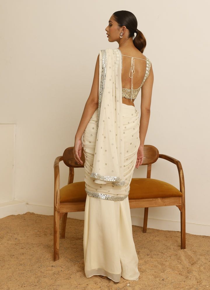 Ivory Mirror Georgette Predraped Saree Set