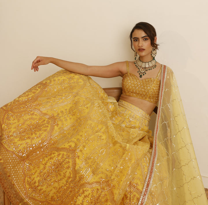 Yellow Embroidered Organza Lehenga Set