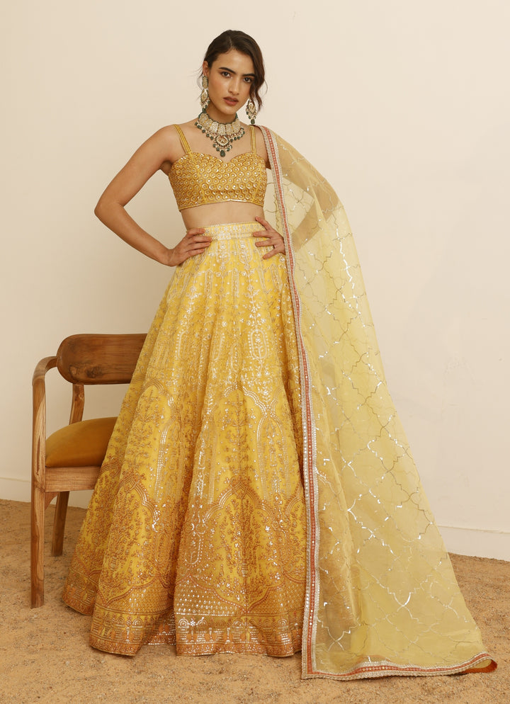 Yellow Embroidered Organza Lehenga Set