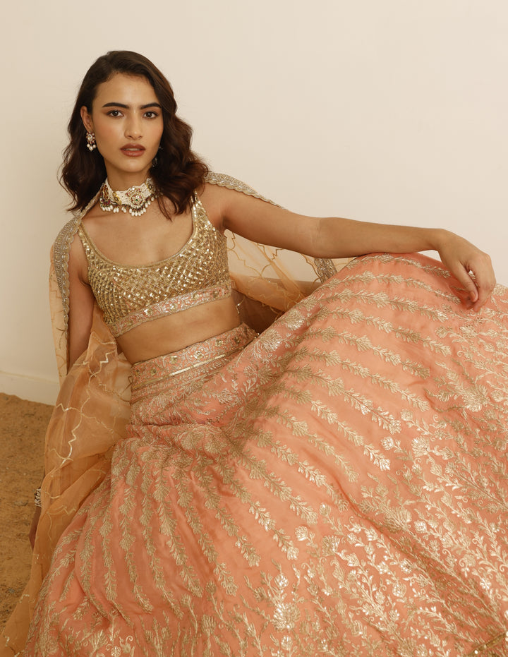 Peach Organza Lehenga Set