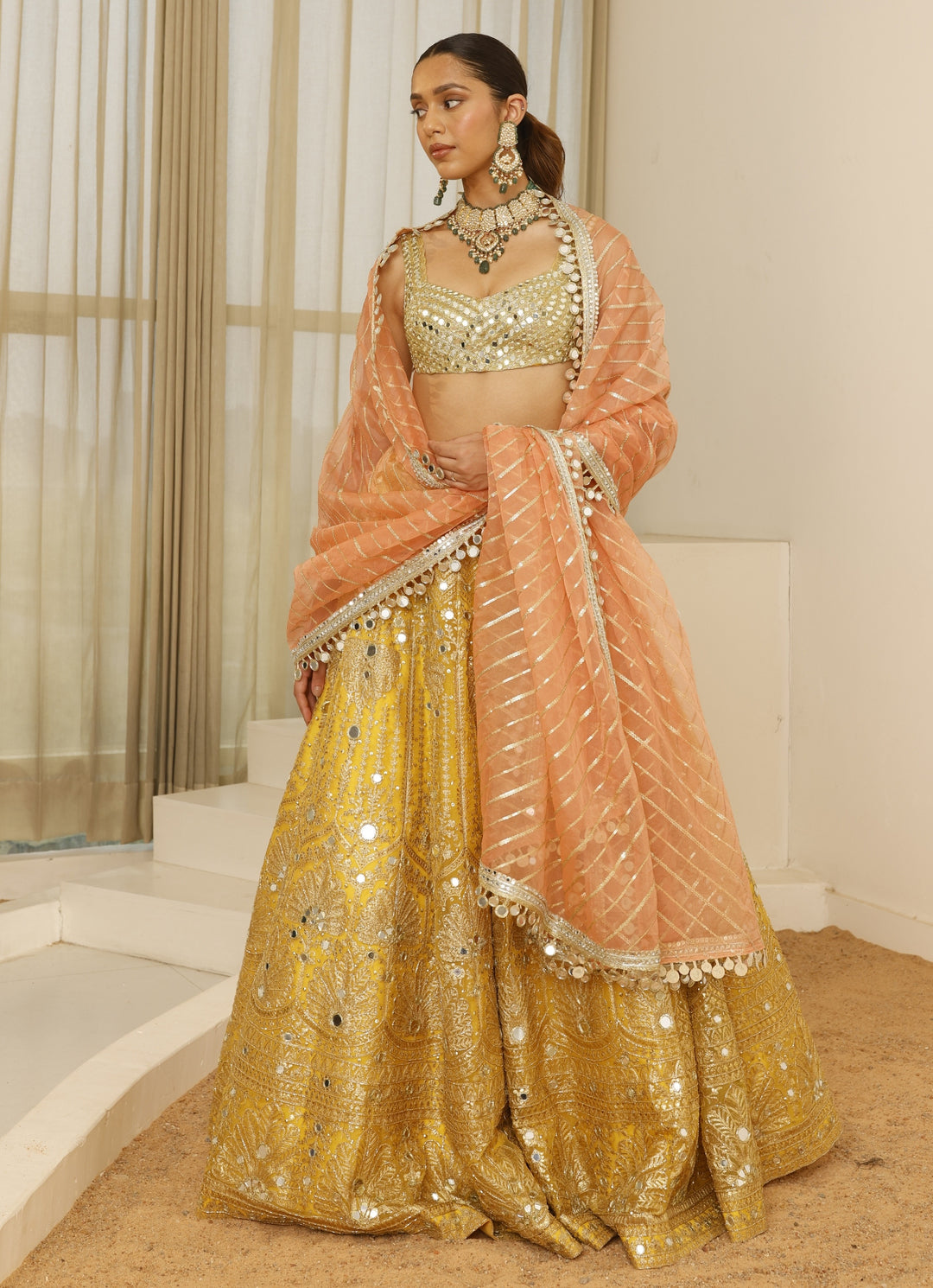 Yellow And Peach Foil Work Lehenga Set