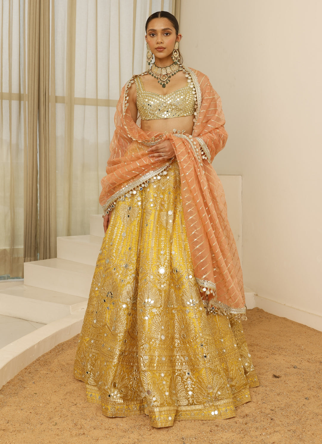 Yellow And Peach Foil Work Lehenga Set