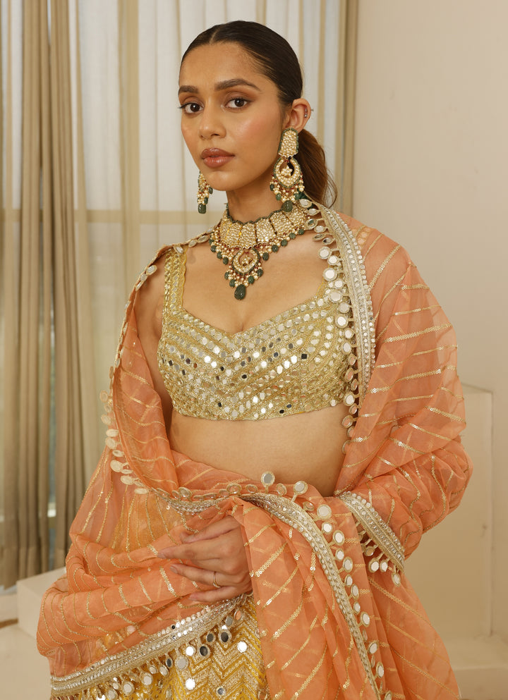 Yellow And Peach Foil Work Lehenga Set