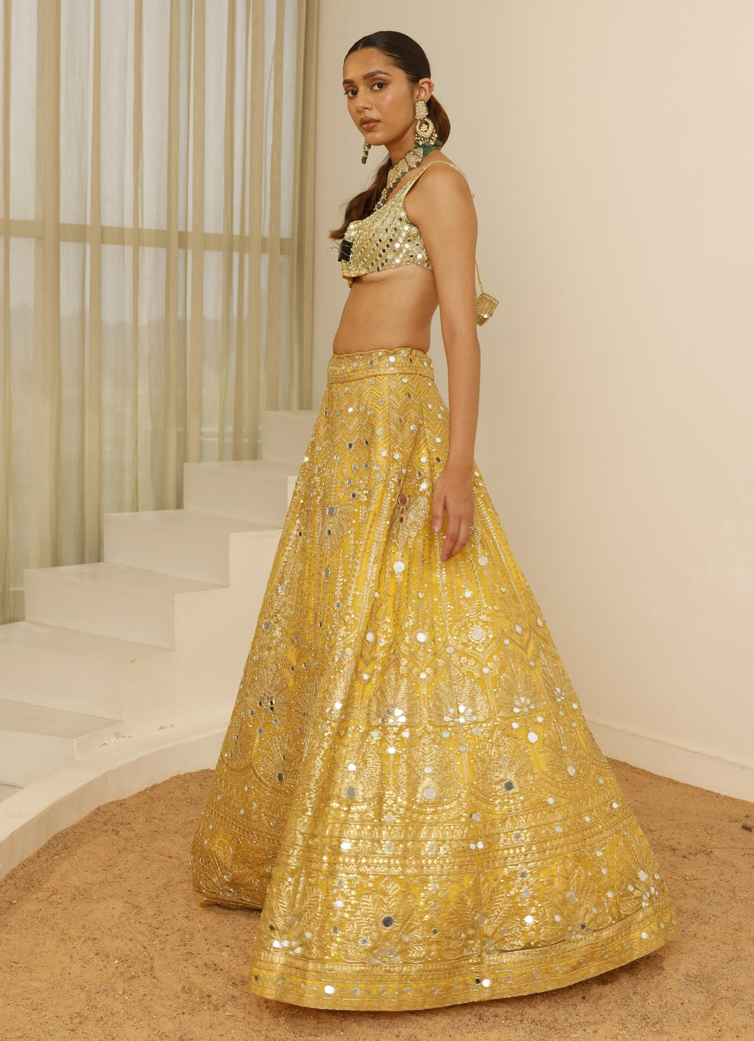 Yellow And Peach Foil Work Lehenga Set