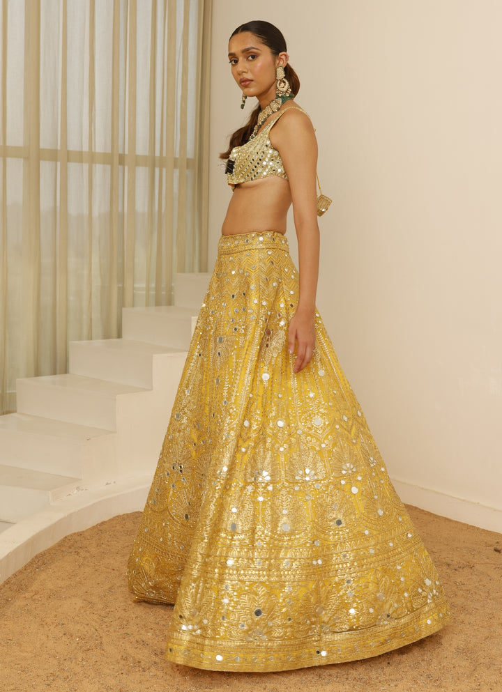 Yellow And Peach Foil Work Lehenga Set