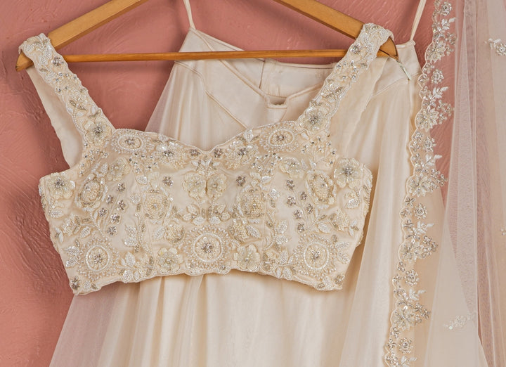 Ivory Pearl Embroidered Organza Lehenga