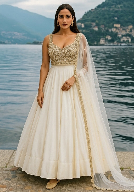 Ivory And Gold Embroidered Organza Lehenga