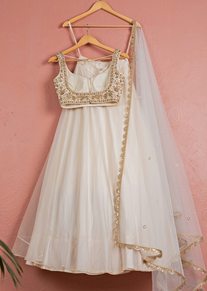 Ivory And Gold Embroidered Organza Lehenga