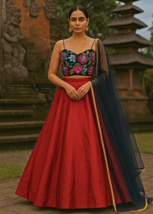 Maroon Red Silk Lehenga With Multicolor Blouse