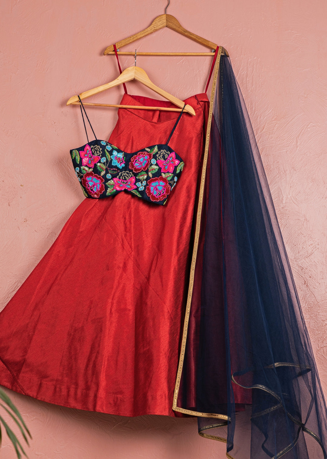 Maroon Red Silk Lehenga With Multicolor Blouse