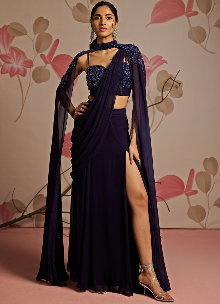 Midnight Blue Georgette Predraped Saree Set With Cape