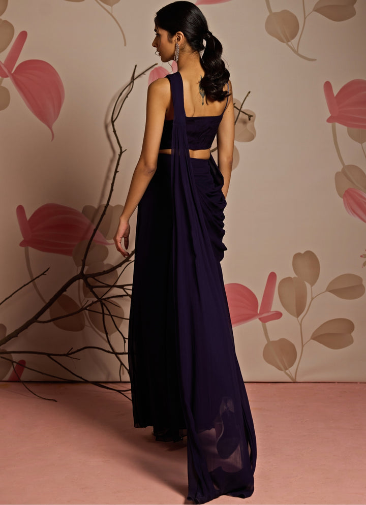 Midnight Blue Georgette Predraped Slit Saree Set