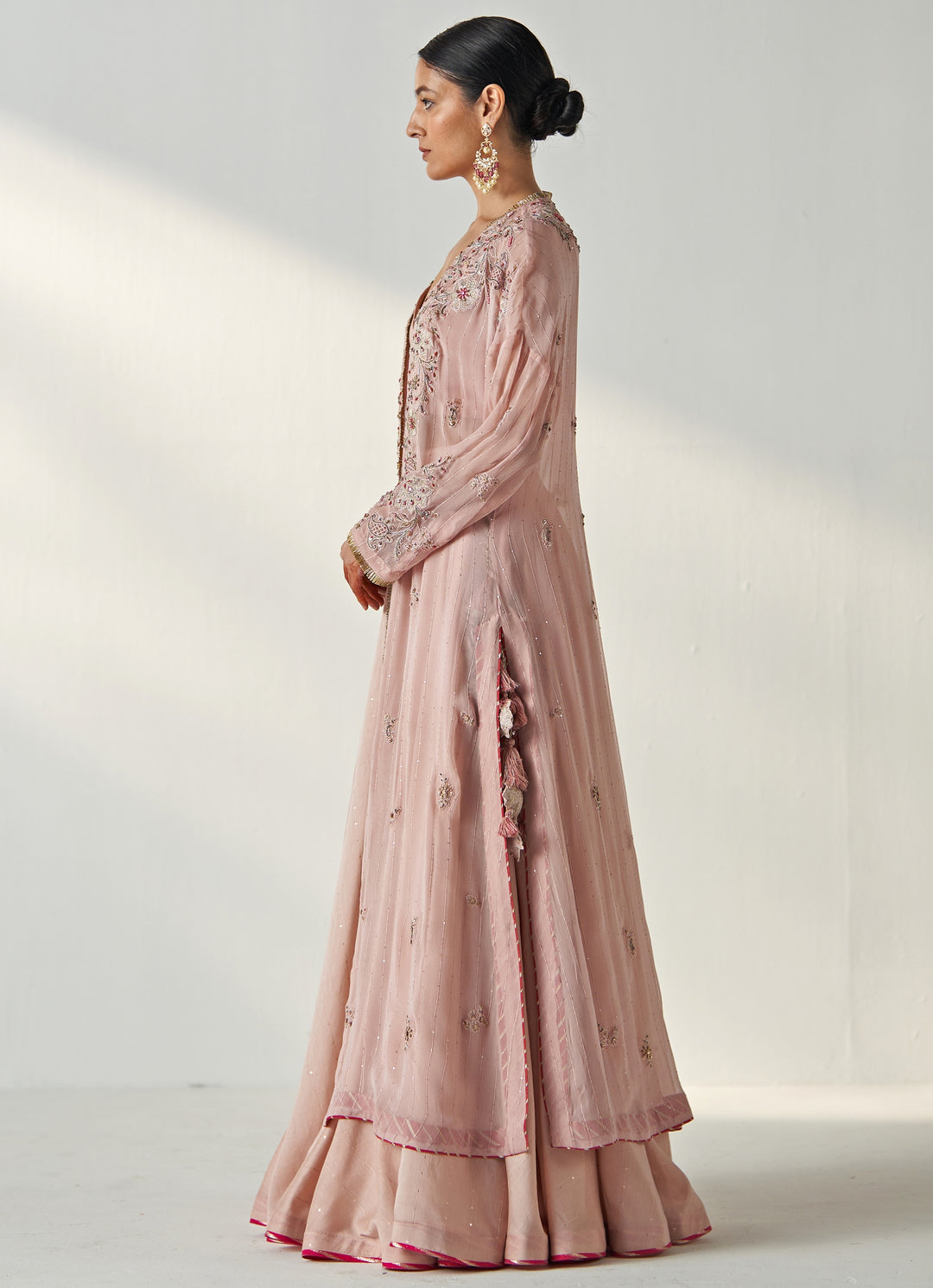 Blush Pink Embroidered Chanderi Lehenga With Cape Jacket