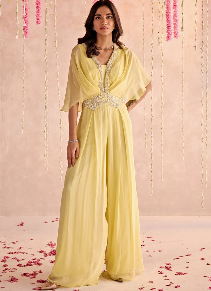 Yellow Embroidered Georgette Jumpsuit
