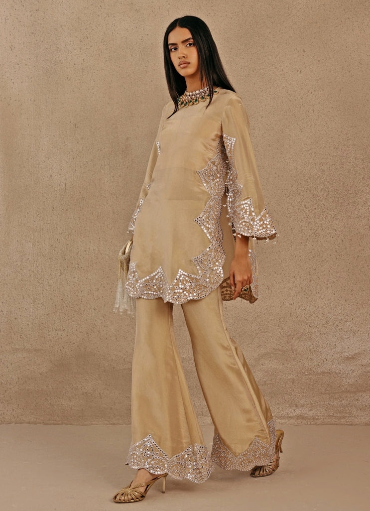 Gold Tissue Kurta Bell Bottom Set