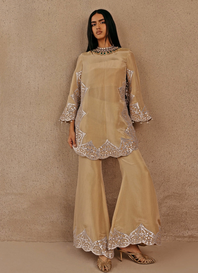 Gold Tissue Kurta Bell Bottom Set