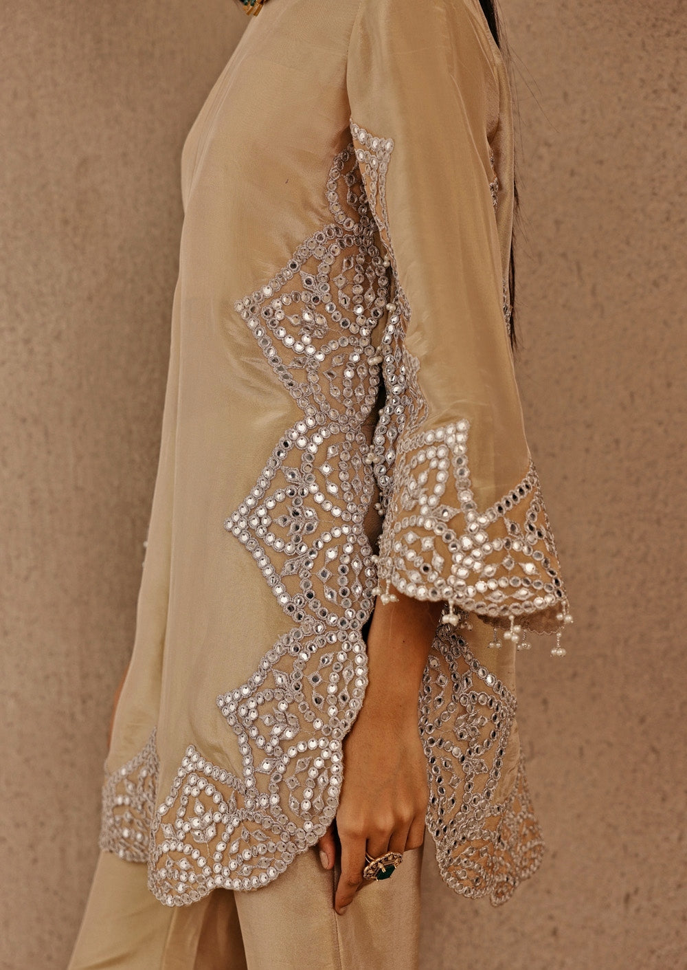 Gold Tissue Kurta Bell Bottom Set