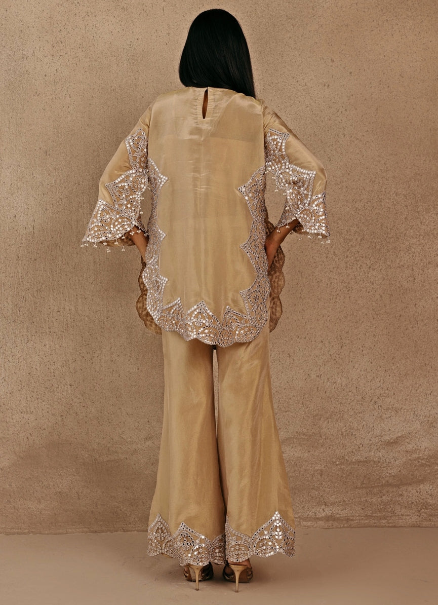 Gold Tissue Kurta Bell Bottom Set