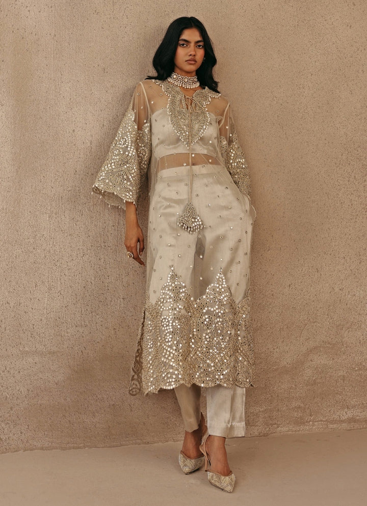 Silver And Nude Soft Net Kurta Pants Set
